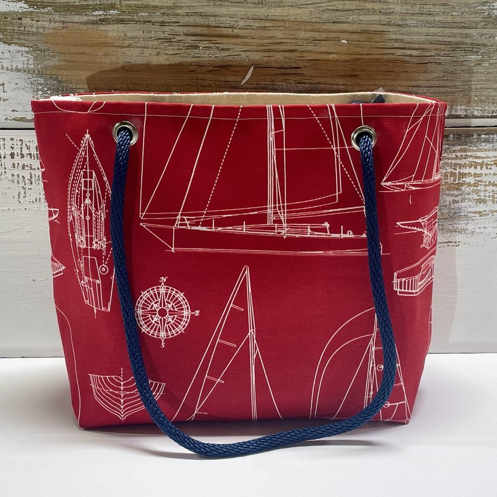 Outdoor Fabric Sailboat Printed Rope Handled Womens Tote Shoulder Bag
